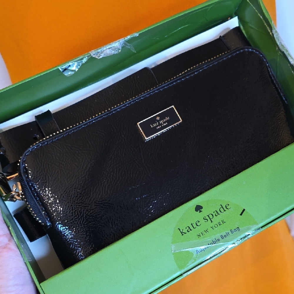 BNEW IN BOX Kate Spade Black PATENT Belt Bag with Gold Accents